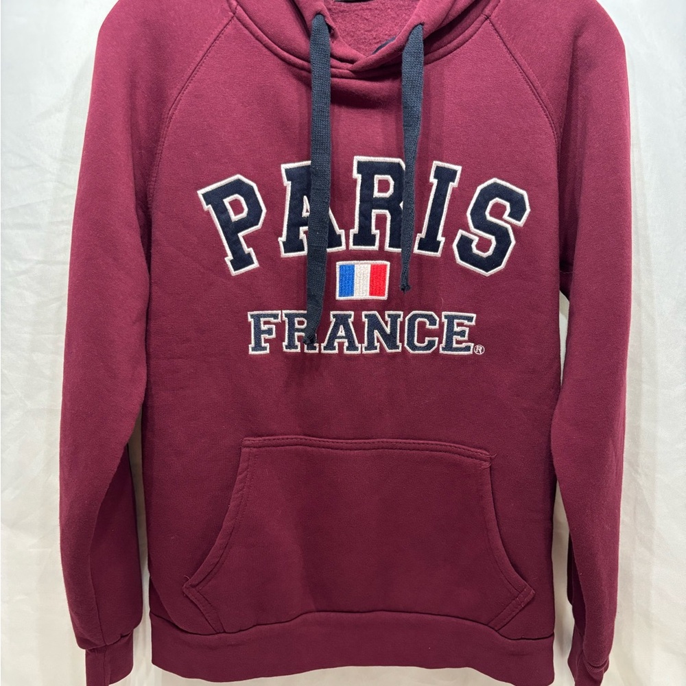 NOS Paris France Hoodie Adult Size SMALL Burgundy/Navy Pullover Sweatshirt